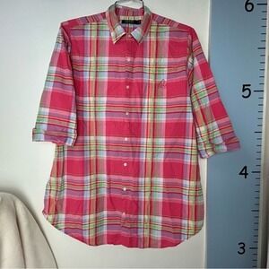 Ralph Lauren Pink Red Green Plaid Pajama Button down Sleepshirt Large